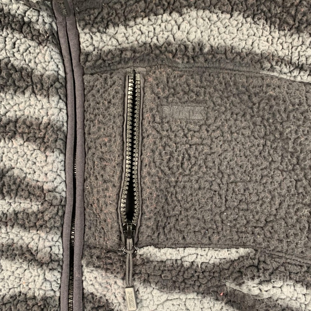 PINK Victoria's Secret Jacket Womens XS‎ Gray Black Sherpa Fleece Full Zip Zebra - Picture 4 of 15